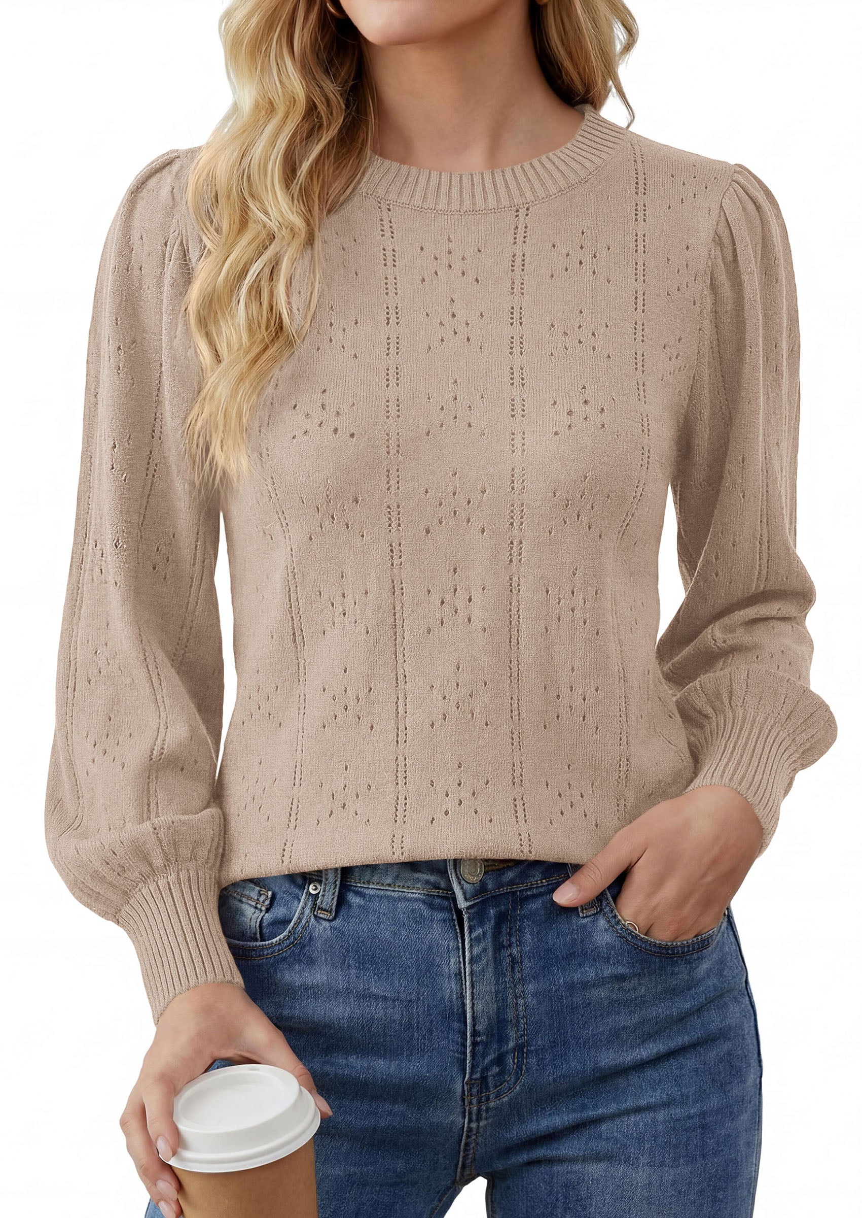 PRETTYGARDEN Women Fall Fashion Hollow Out Holiday Sweaters | Stretchy Cozy Knit, Puff Long Sleeve Pullover Tops, Crewneck Loose Fit, Dressy Casual Blouse, Trendy Winter Going Out Outfits