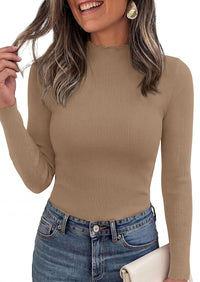PRETTYGARDEN Women's Fall Long Sleeve Shirts Basic Tees | Soft Stretchy Ribbed Fabric, Lettuce Trim Mock Neck, Slim Fitted Cute Tops, Layering Fashion Clothing, Trendy Casual Outfits