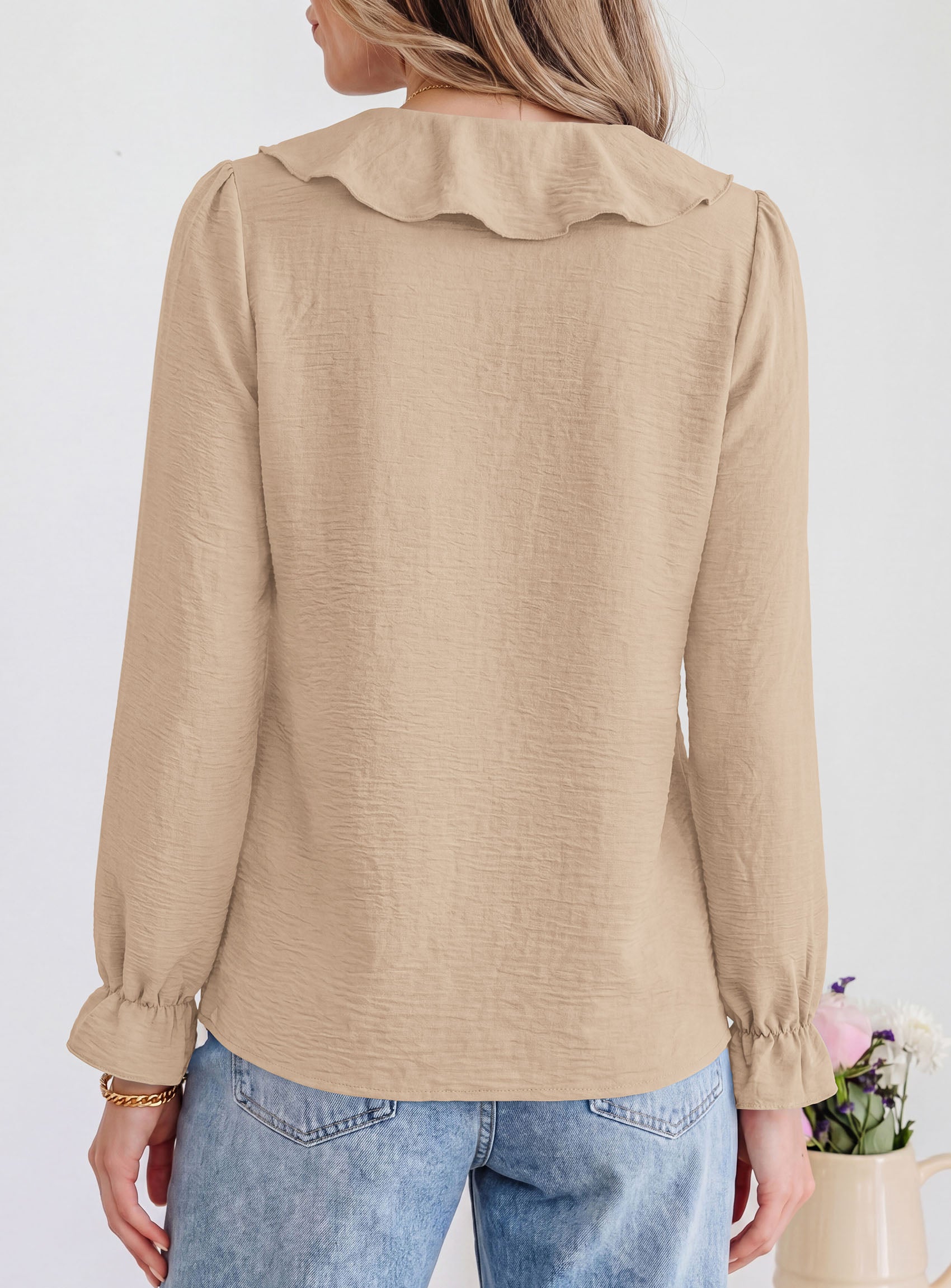 PRETTYGARDEN Women Early Fall Fashion Dressy Casual Blouses  | Comfy Lightweight,Lantern Long Sleeve Shirts,Cute Ruffle V Neck,Going Out Tops,Business Work Outfits,Trendy Daily Clothes