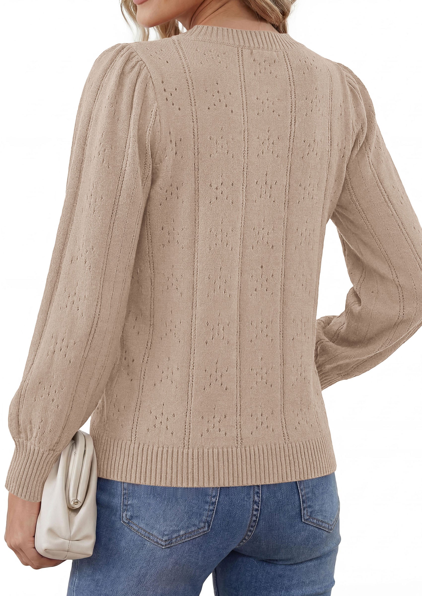 PRETTYGARDEN Women Fall Fashion Hollow Out Holiday Sweaters | Stretchy Cozy Knit, Puff Long Sleeve Pullover Tops, Crewneck Loose Fit, Dressy Casual Blouse, Trendy Winter Going Out Outfits