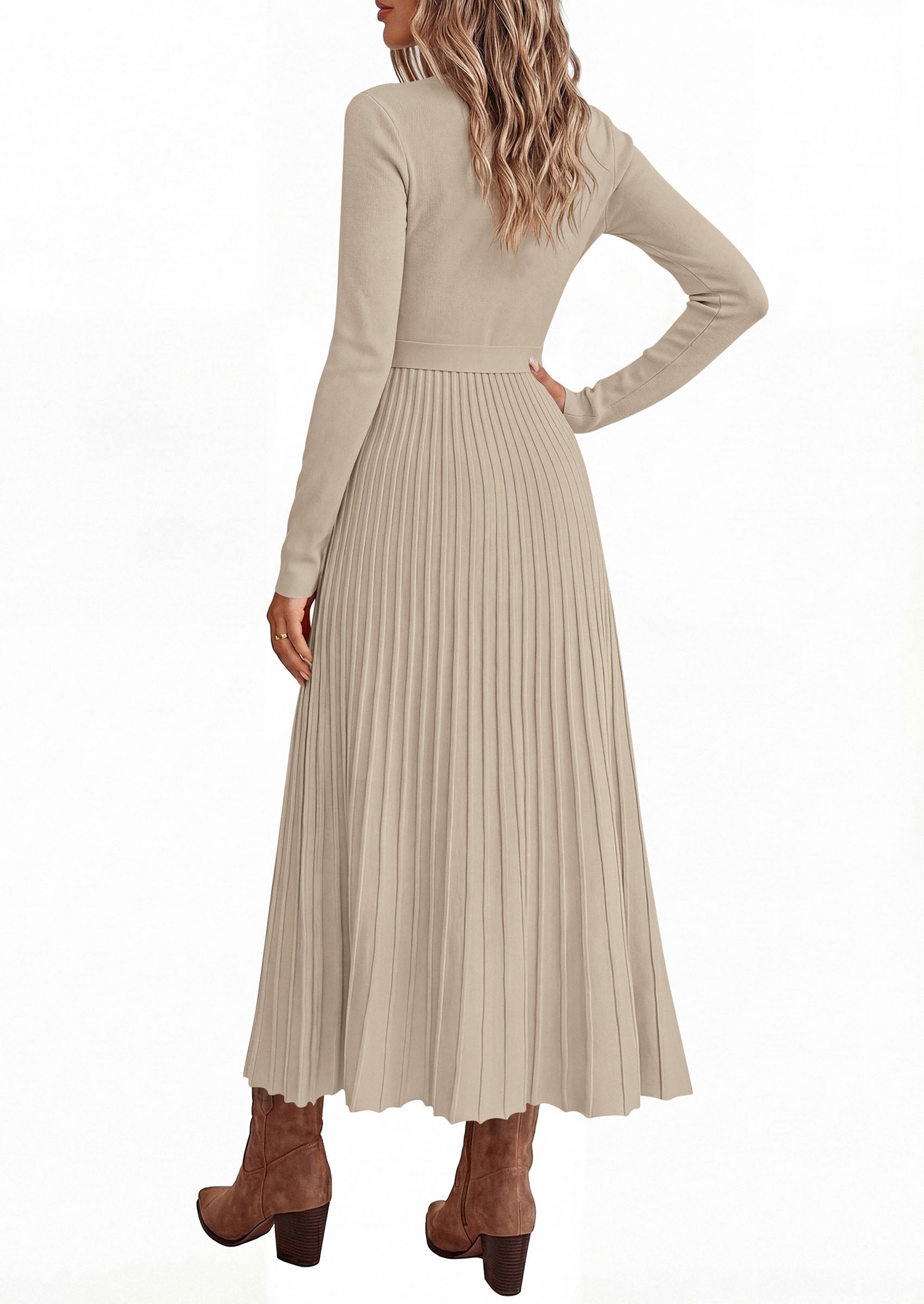PRETTYGARDEN Womens Fall Maxi Long Sleeve Sweater Dress  Soft Stretchy Knit, V Neck A Line Dresses with Bow, Flowy Pleated Hem, Cocktail Party Outfits, Trendy Winter Clothes