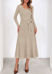 PRETTYGARDEN Womens Fall Maxi Long Sleeve Sweater Dress  Soft Stretchy Knit, V Neck A Line Dresses with Bow, Flowy Pleated Hem, Cocktail Party Outfits, Trendy Winter Clothes