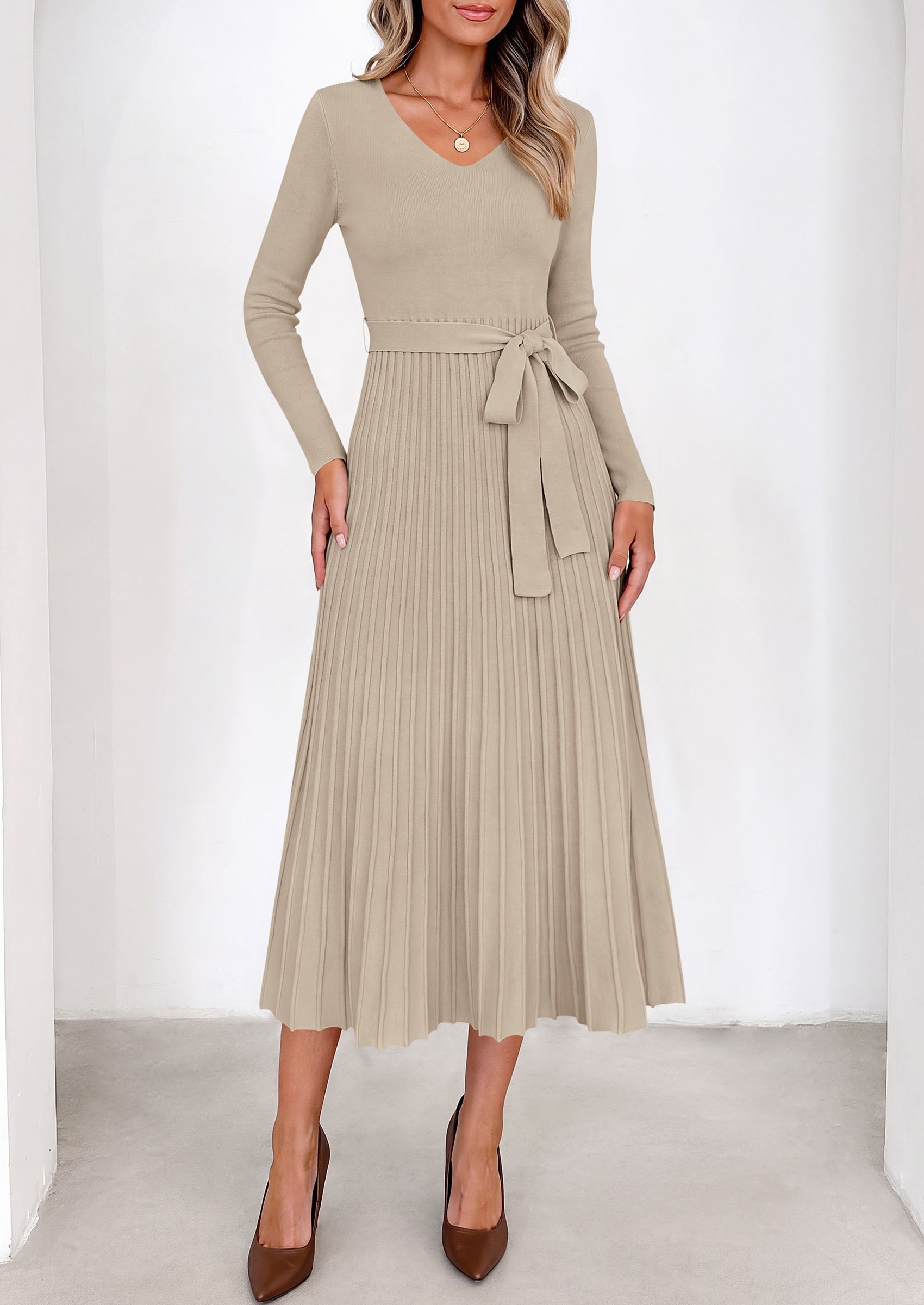 PRETTYGARDEN Womens Fall Maxi Long Sleeve Sweater Dress  Soft Stretchy Knit, V Neck A Line Dresses with Bow, Flowy Pleated Hem, Cocktail Party Outfits, Trendy Winter Clothes