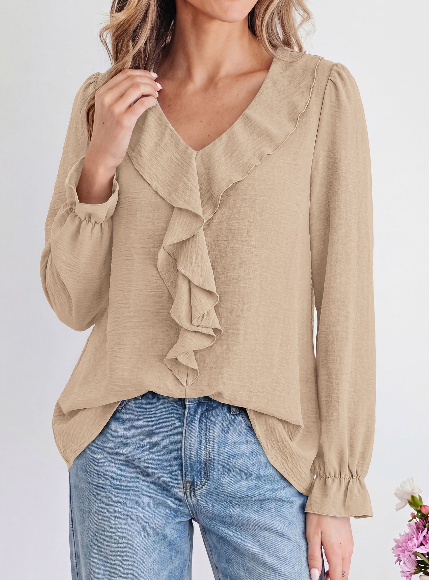 PRETTYGARDEN Women Early Fall Fashion Dressy Casual Blouses  | Comfy Lightweight,Lantern Long Sleeve Shirts,Cute Ruffle V Neck,Going Out Tops,Business Work Outfits,Trendy Daily Clothes