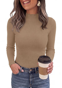 PRETTYGARDEN Women's Fall Long Sleeve Shirts Basic Tees | Soft Stretchy Ribbed Fabric, Lettuce Trim Mock Neck, Slim Fitted Cute Tops, Layering Fashion Clothing, Trendy Casual Outfits