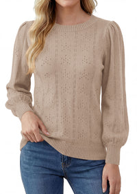 PRETTYGARDEN Women Fall Fashion Hollow Out Holiday Sweaters | Stretchy Cozy Knit, Puff Long Sleeve Pullover Tops, Crewneck Loose Fit, Dressy Casual Blouse, Trendy Winter Going Out Outfits