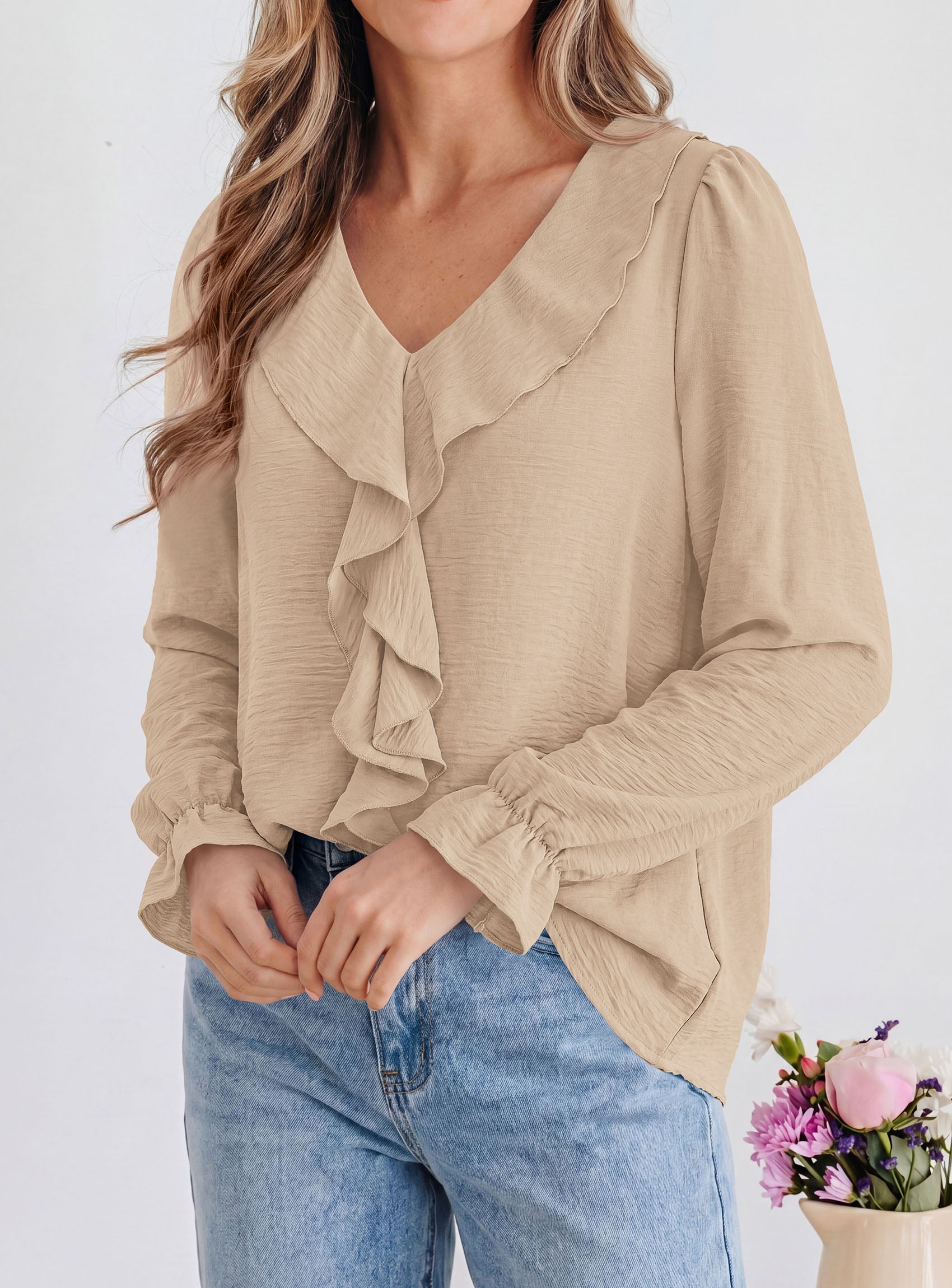 PRETTYGARDEN Women Early Fall Fashion Dressy Casual Blouses  | Comfy Lightweight,Lantern Long Sleeve Shirts,Cute Ruffle V Neck,Going Out Tops,Business Work Outfits,Trendy Daily Clothes