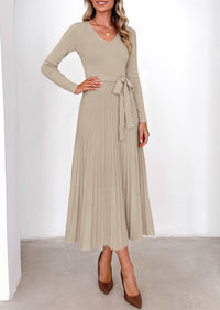 PRETTYGARDEN Womens Fall Maxi Long Sleeve Sweater Dress  Soft Stretchy Knit, V Neck A Line Dresses with Bow, Flowy Pleated Hem, Cocktail Party Outfits, Trendy Winter Clothes
