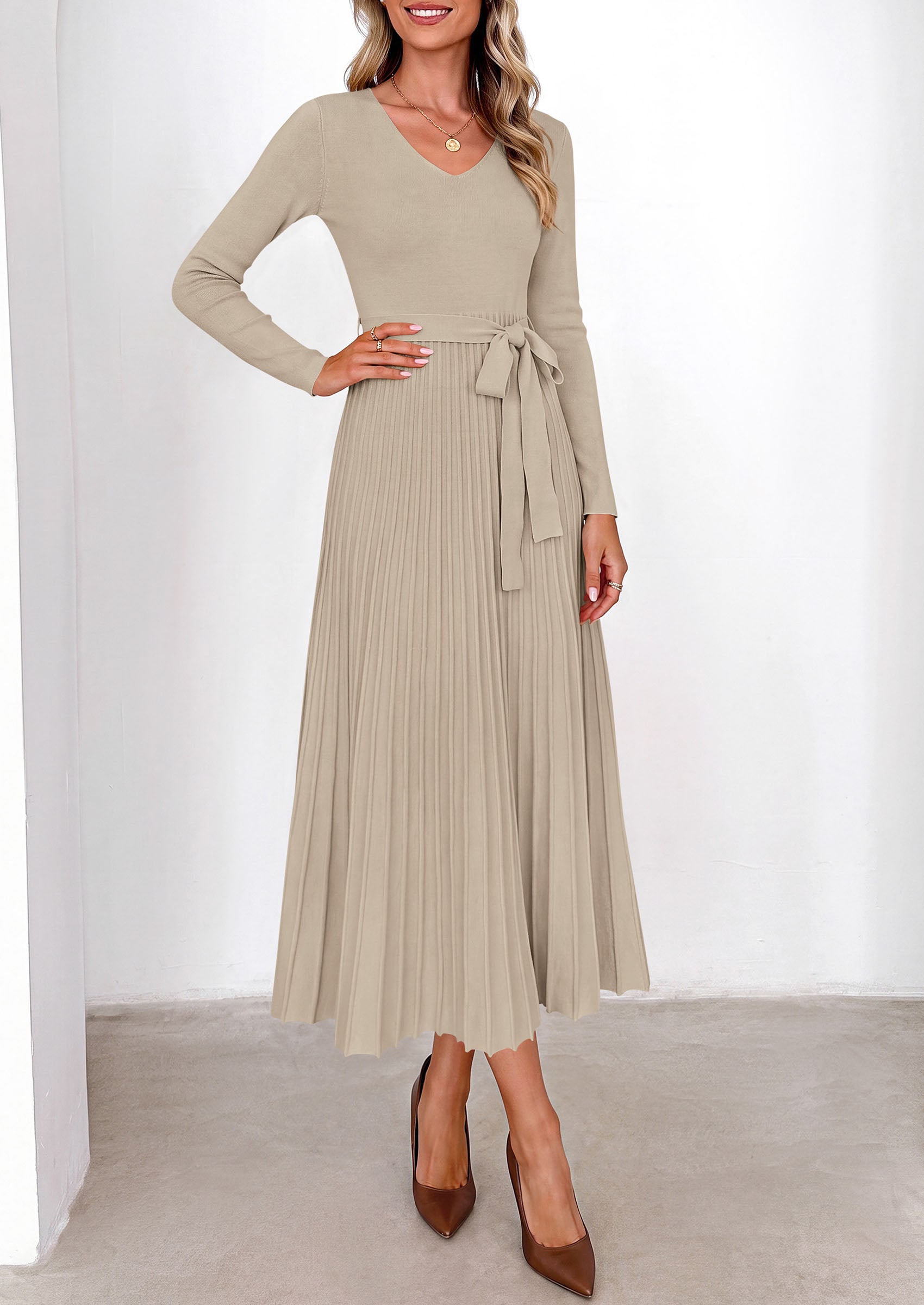 PRETTYGARDEN Womens Fall Maxi Long Sleeve Sweater Dress  Soft Stretchy Knit, V Neck A Line Dresses with Bow, Flowy Pleated Hem, Cocktail Party Outfits, Trendy Winter Clothes