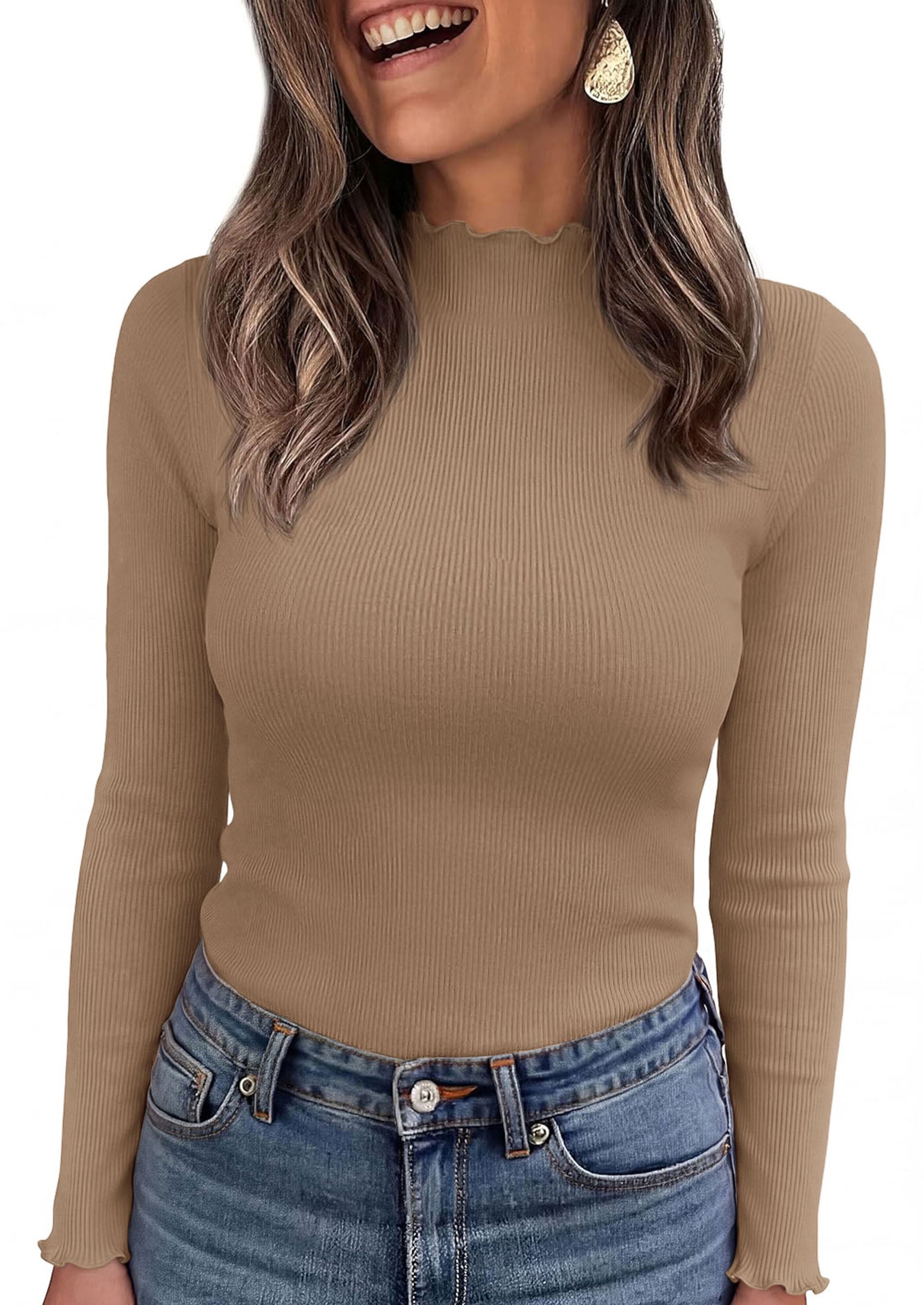 PRETTYGARDEN Women's Fall Long Sleeve Shirts Basic Tees | Soft Stretchy Ribbed Fabric, Lettuce Trim Mock Neck, Slim Fitted Cute Tops, Layering Fashion Clothing, Trendy Casual Outfits