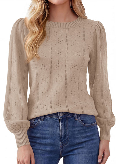 PRETTYGARDEN Women Fall Fashion Hollow Out Holiday Sweaters | Stretchy Cozy Knit, Puff Long Sleeve Pullover Tops, Crewneck Loose Fit, Dressy Casual Blouse, Trendy Winter Going Out Outfits