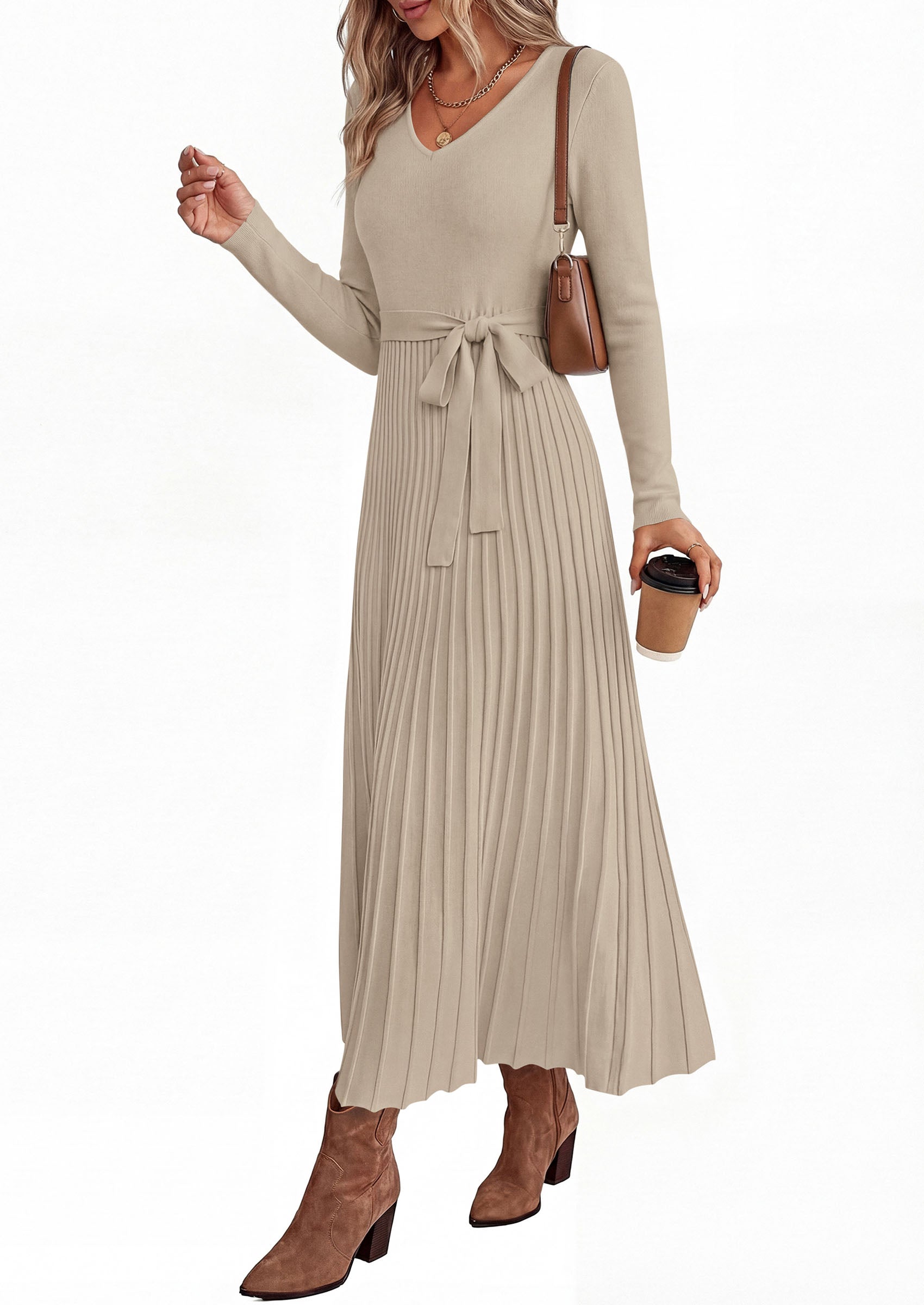 PRETTYGARDEN Womens Fall Maxi Long Sleeve Sweater Dress  Soft Stretchy Knit, V Neck A Line Dresses with Bow, Flowy Pleated Hem, Cocktail Party Outfits, Trendy Winter Clothes