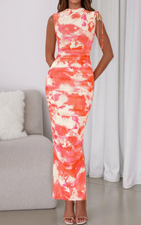 PRETTYGARDEN Women's Summer Maxi Floral Dresses Ruched Bodycon Sleeveless Mesh Formal Wedding Guest Cocktail Split Long Dress PRETTYGARDEN