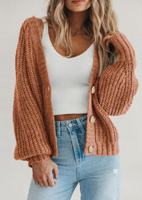 PRETTYGARDEN Women's Chunky Knit Open Front Sweater Long Sleeve Button Loose Short Cardigan Outerwear Coats