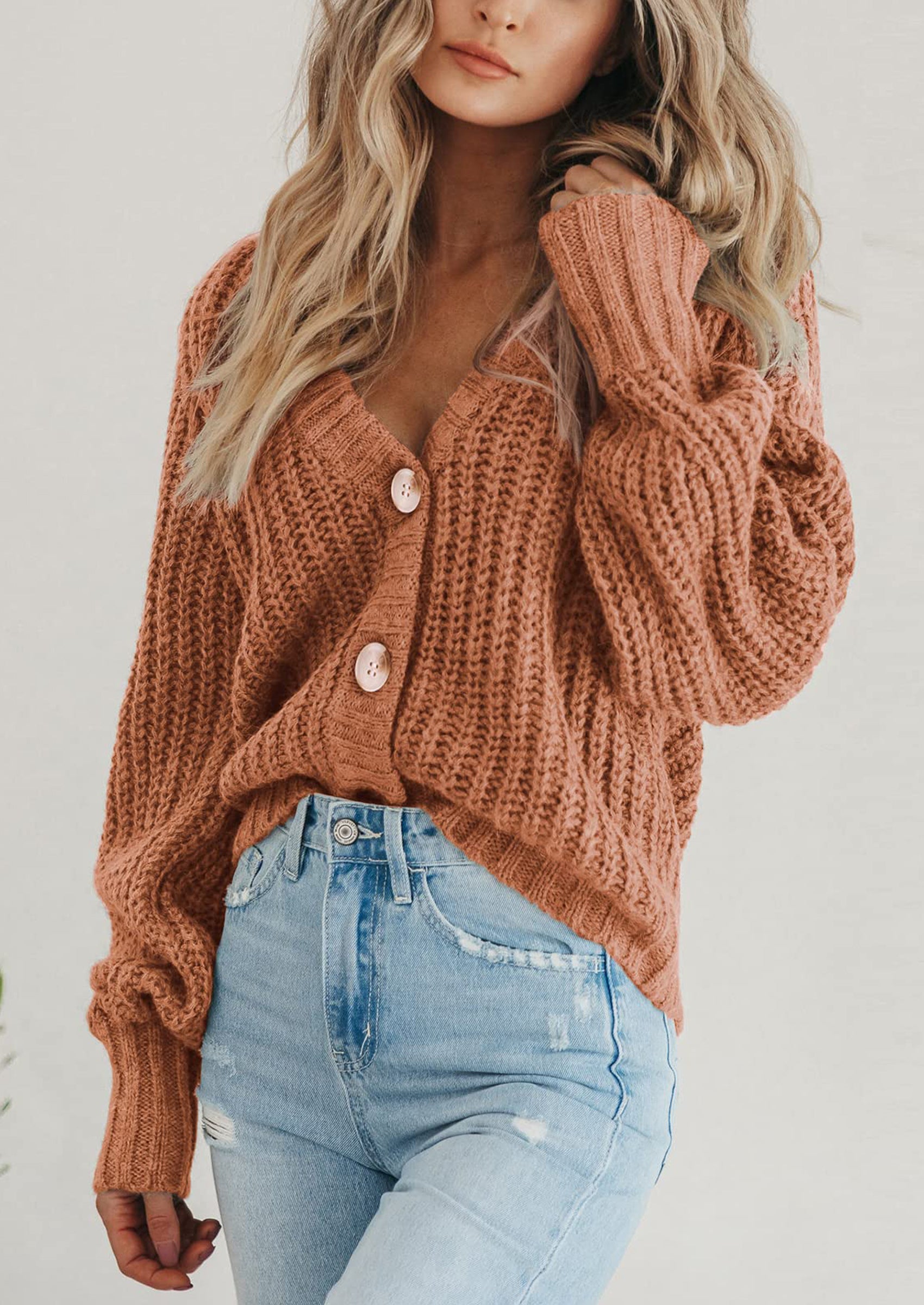 PRETTYGARDEN Women's Chunky Knit Open Front Sweater Long Sleeve Button Loose Short Cardigan Outerwear Coats