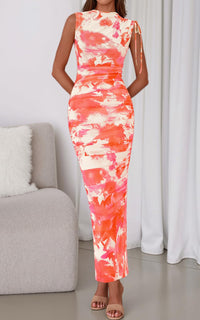 PRETTYGARDEN Women's Summer Maxi Floral Dresses Ruched Bodycon Sleeveless Mesh Formal Wedding Guest Cocktail Split Long Dress PRETTYGARDEN