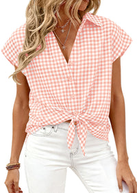 PRETTYGARDEN Womens Button Dwon Shirts V Neck Short Cap Sleeve Collared Plaid Tops Summer Spring Casual Blouses Clothes PRETTYGARDEN