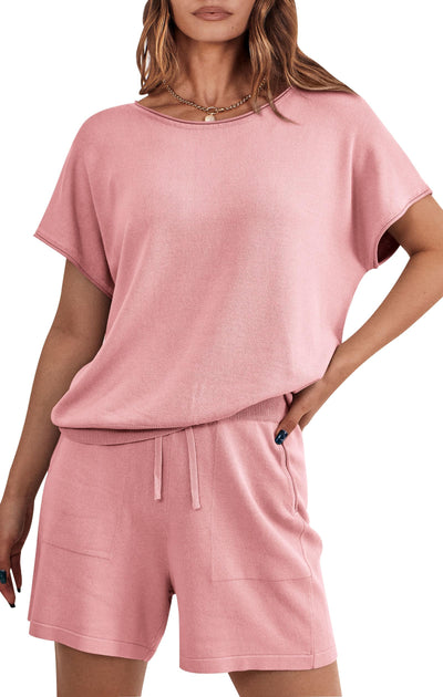 PRETTYGARDEN Two Piece Set for Women Summer Lounge Sets Shorts And Short Sleeve Tops Knitted Matching Travel Spring Outfits PRETTYGARDEN