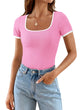 Summer Casual Short Sleeve Ribbed Knit Square Neck Color Block Slim Fit Basic Crop Tops