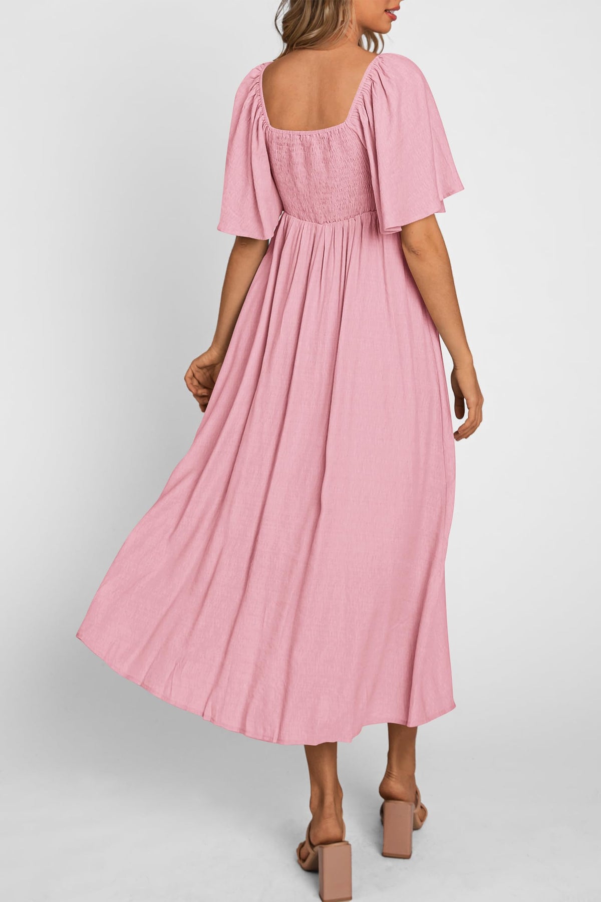 Casual Short Sleeve Bow Tie V Neck Ruffle Flowy Midi Dresses