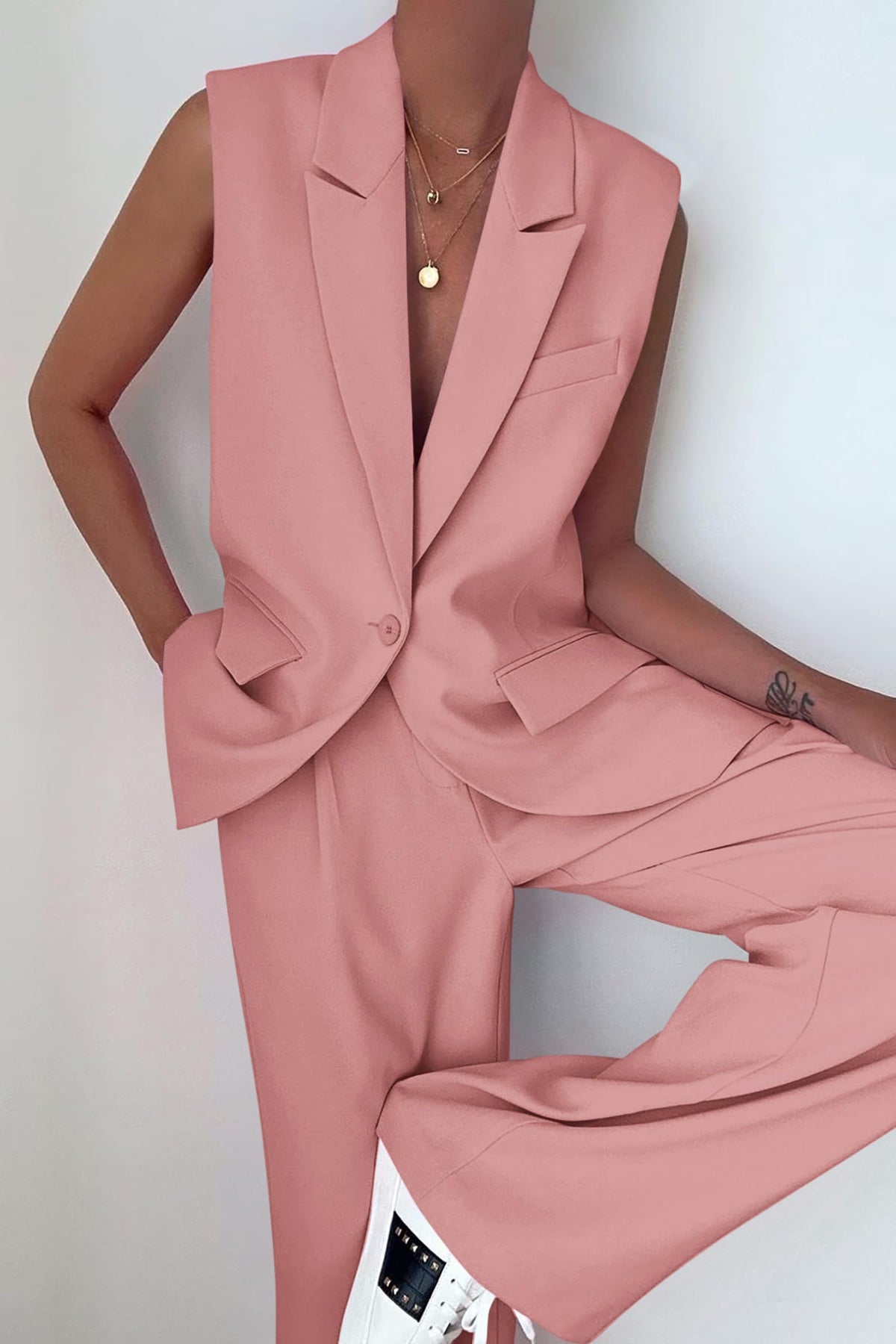 Sleeveless Suit Vest And Wide Leg Pants Business Casual Blazer Set