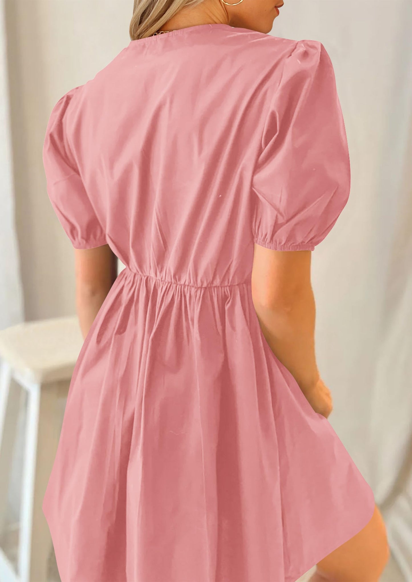 Womens Summer Casual Short Sleeve Dresses A Line Bow Tie Front Babydoll Loose Cute Mini Dress with Pockets