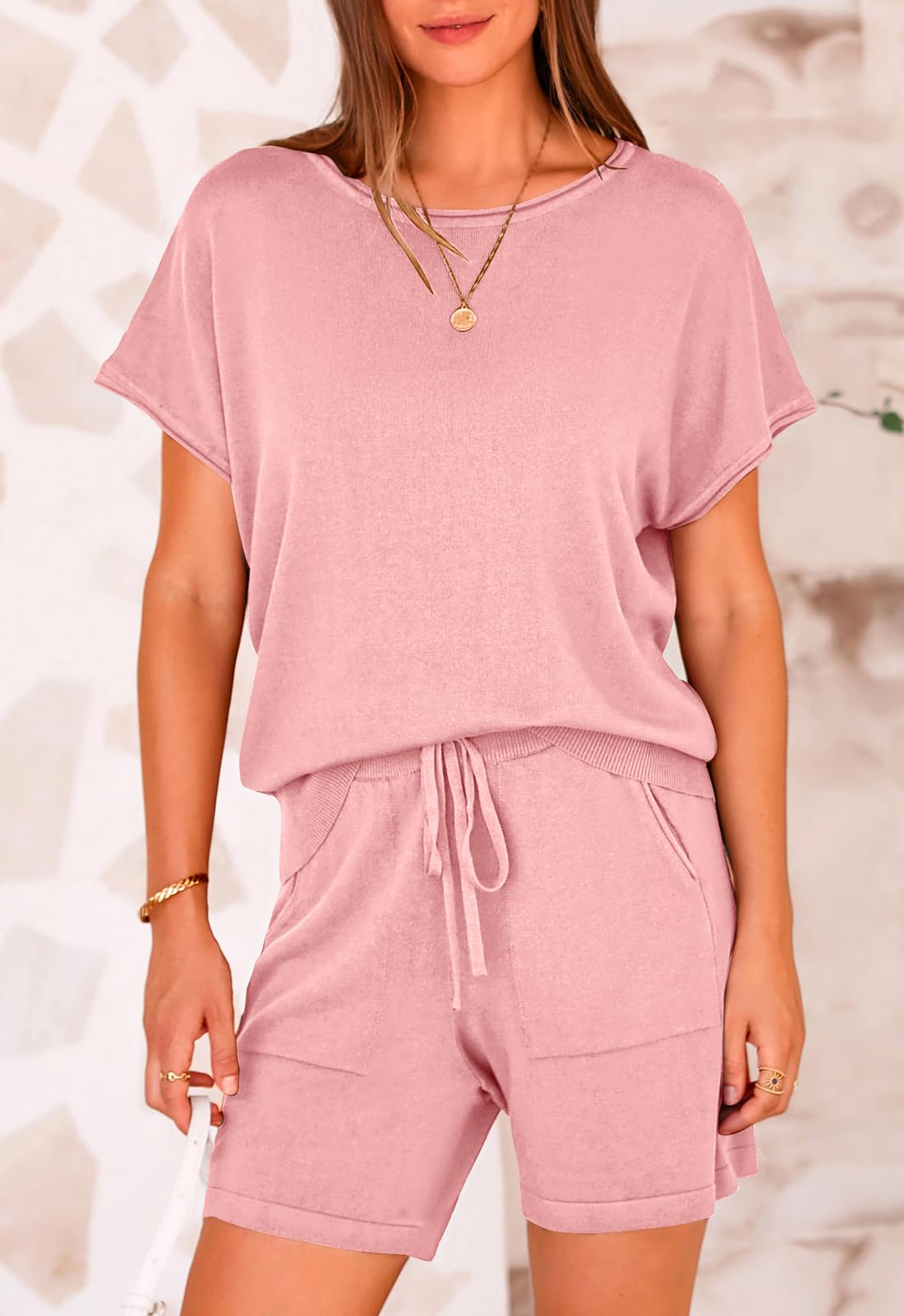 PRETTYGARDEN Two Piece Set for Women Summer Lounge Sets Shorts And Short Sleeve Tops Knitted Matching Travel Spring Outfits PRETTYGARDEN