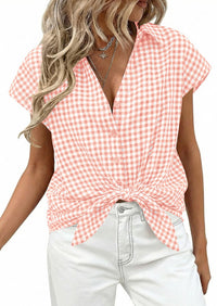 PRETTYGARDEN Womens Button Dwon Shirts V Neck Short Cap Sleeve Collared Plaid Tops Summer Spring Casual Blouses Clothes PRETTYGARDEN