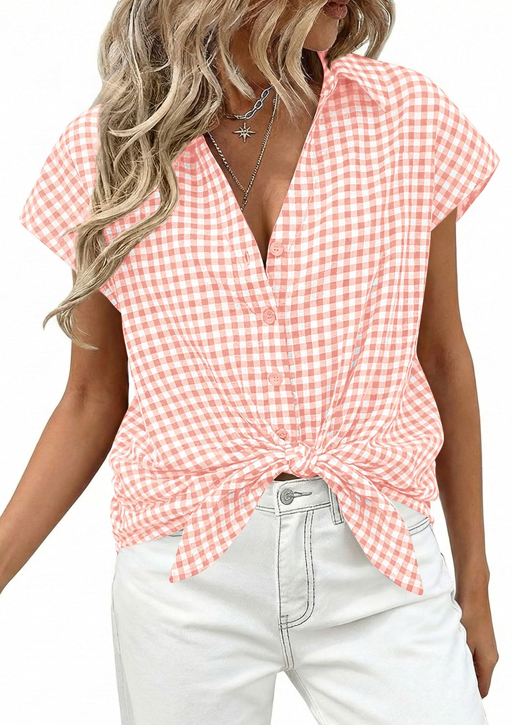 PRETTYGARDEN Womens Button Dwon Shirts V Neck Short Cap Sleeve Collared Plaid Tops Summer Spring Casual Blouses Clothes PRETTYGARDEN