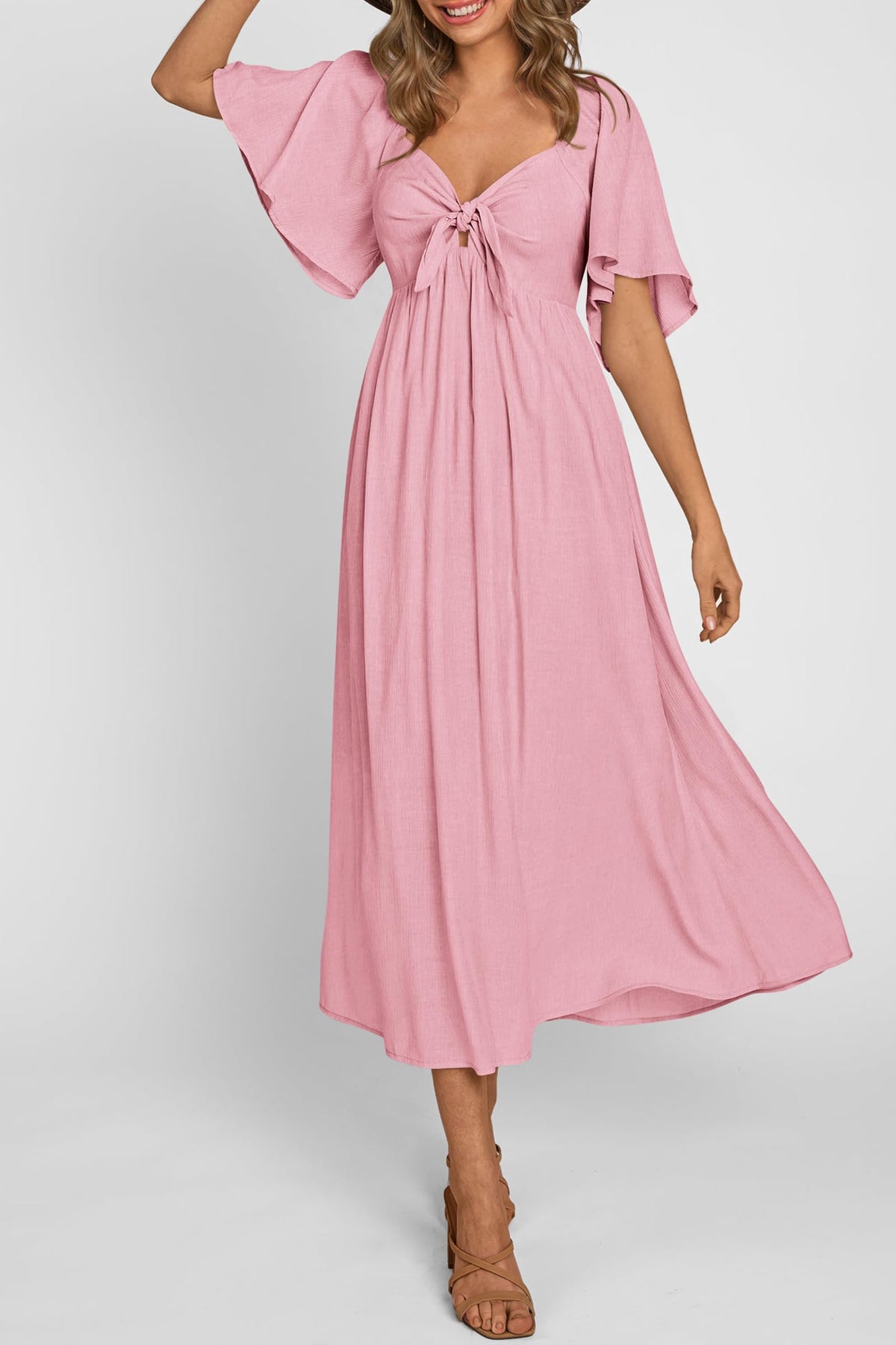 Casual Short Sleeve Bow Tie V Neck Ruffle Flowy Midi Dresses