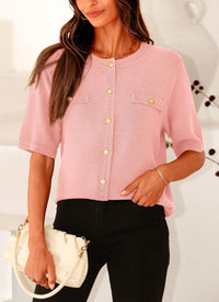 Summer Button Down Shirts Casual Short Sleeve Crew Neck Ribbed Knit Blouse Top Cardigans