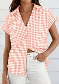 PRETTYGARDEN Womens Button Dwon Shirts V Neck Short Cap Sleeve Collared Plaid Tops Summer Spring Casual Blouses Clothes PRETTYGARDEN