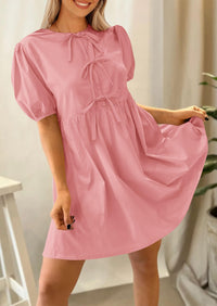 Womens Summer Casual Short Sleeve Dresses A Line Bow Tie Front Babydoll Loose Cute Mini Dress with Pockets