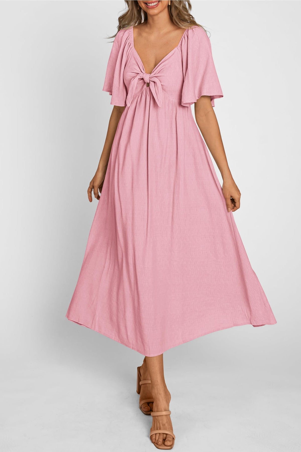 Casual Short Sleeve Bow Tie V Neck Ruffle Midi Flowy Dresses