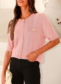 Button Down Casual Short Sleeve Crew Neck Ribbed Knit Shirts