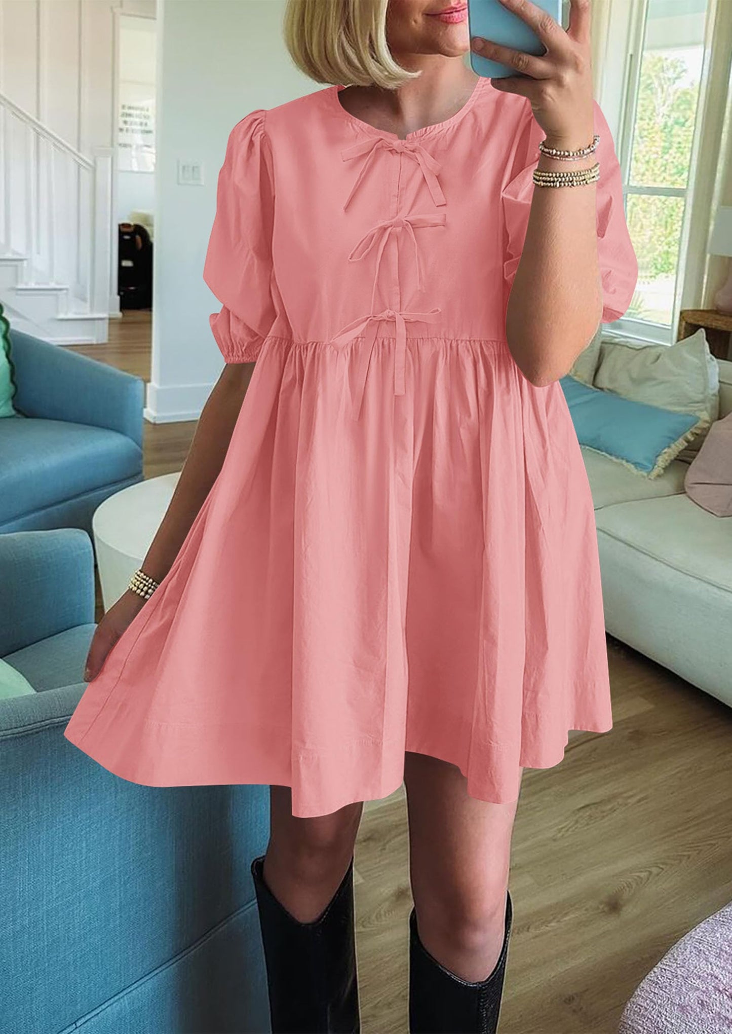 Womens Summer Casual Short Sleeve Dresses A Line Bow Tie Front Babydoll Loose Cute Mini Dress with Pockets