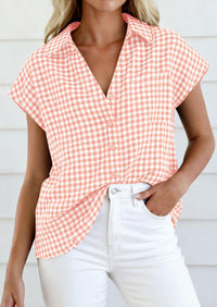 PRETTYGARDEN Womens Button Dwon Shirts V Neck Short Cap Sleeve Collared Plaid Tops Summer Spring Casual Blouses Clothes PRETTYGARDEN