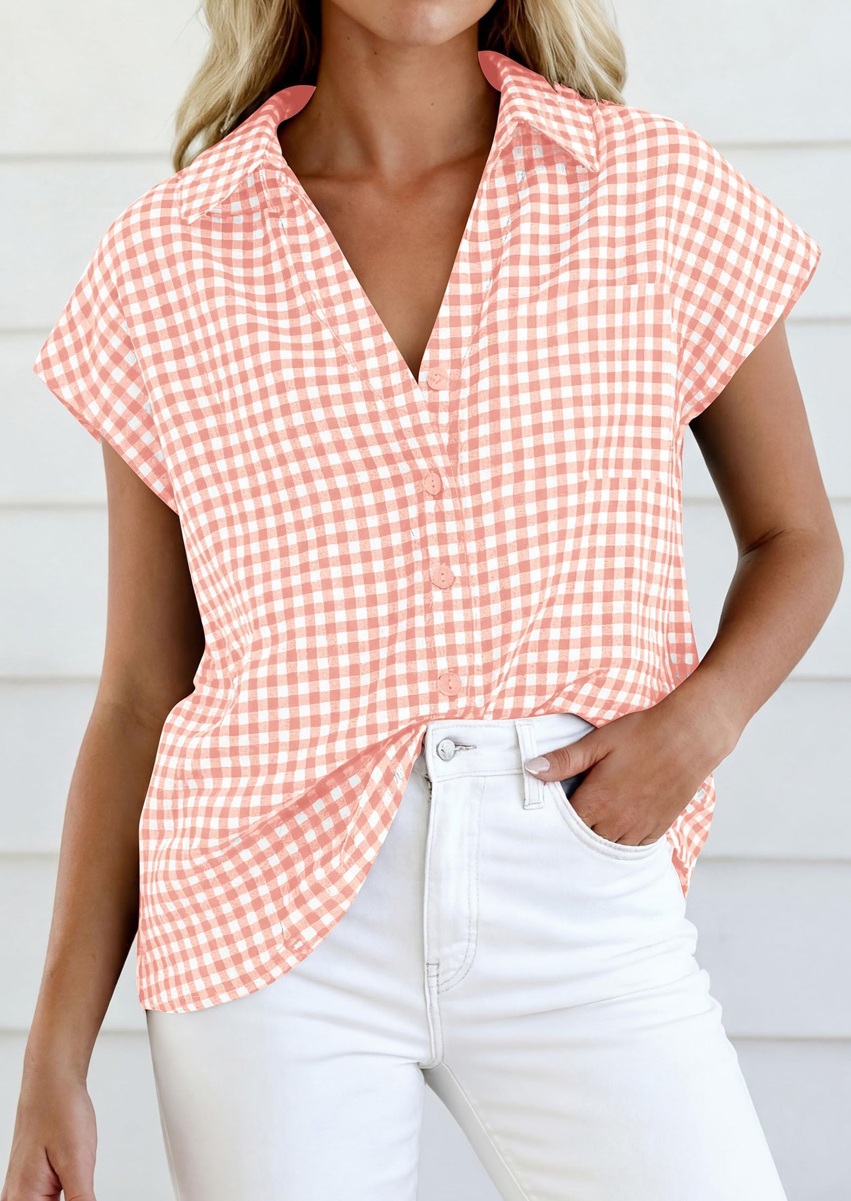 PRETTYGARDEN Womens Button Dwon Shirts V Neck Short Cap Sleeve Collared Plaid Tops Summer Spring Casual Blouses Clothes PRETTYGARDEN