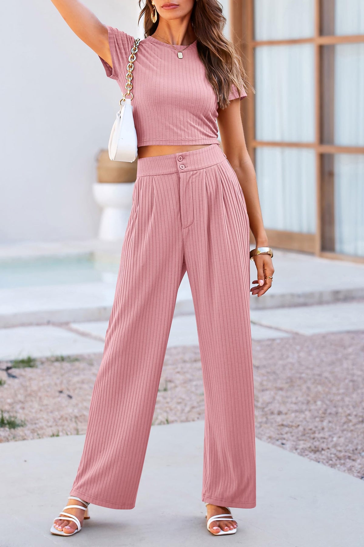 2 Piece Summer Knit Short Sleeve Crop Tops Wide Leg Pants Tracksuit