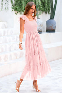 Summer Casual Sleeveless Smocked Ruffle Tulle Flowy Beach Sundress