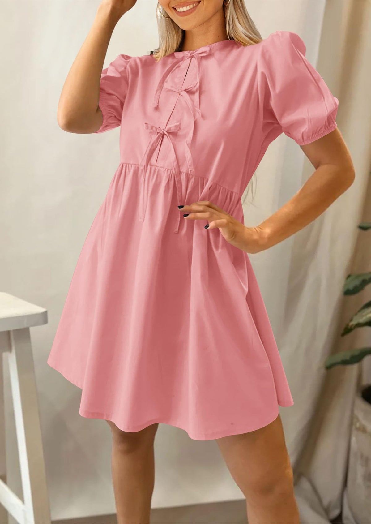 Womens Summer Casual Short Sleeve Dresses A Line Bow Tie Front Babydoll Loose Cute Mini Dress with Pockets