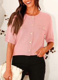 Summer Button Down Shirts Casual Short Sleeve Crew Neck Ribbed Knit Blouse Top Cardigans