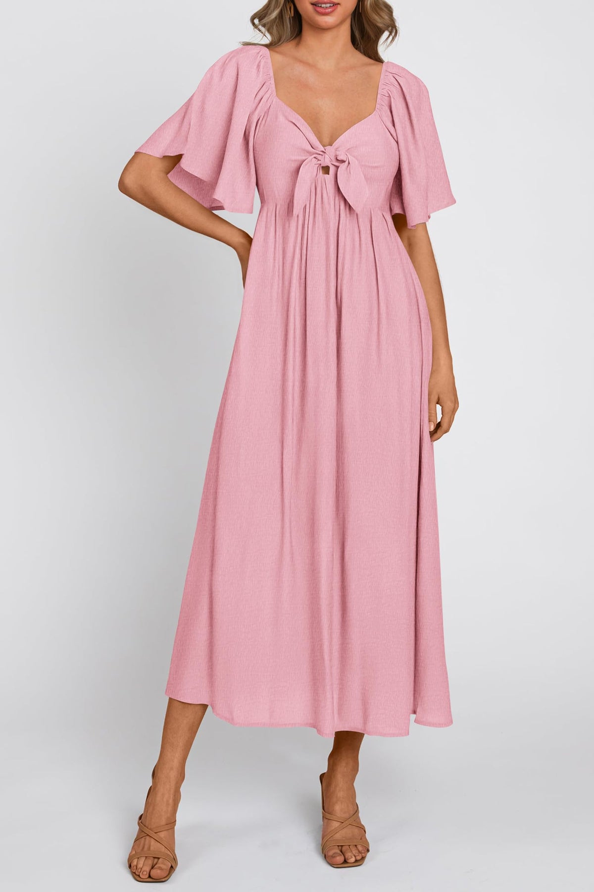 Casual Short Sleeve Bow Tie V Neck Ruffle Midi Flowy Dresses