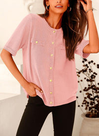 Button Down Casual Short Sleeve Crew Neck Ribbed Knit Shirts