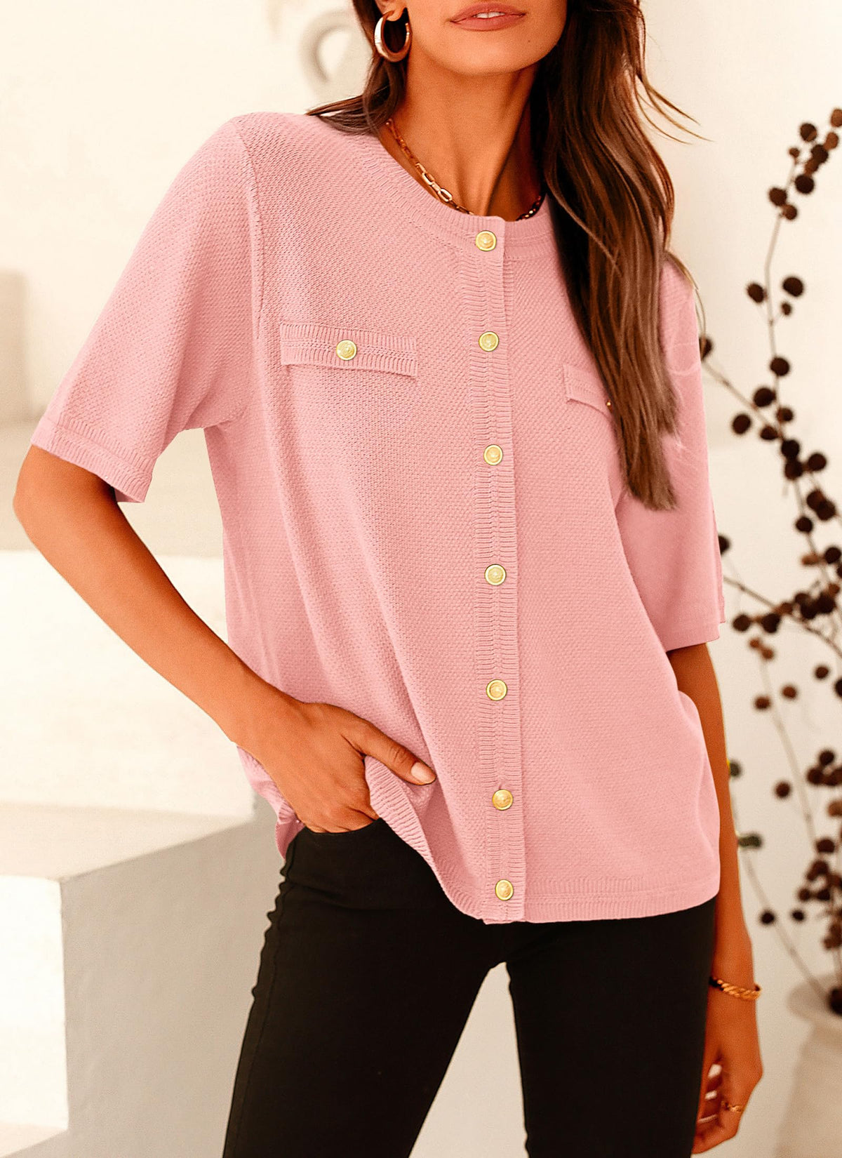 Button Down Casual Short Sleeve Crew Neck Ribbed Knit Shirts