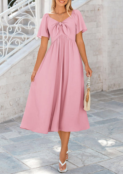 PRETTYGARDEN Summer Dress for Women Casual Short Sleeve Bow Tie V Neck Ruffle Midi Flowy Dresses