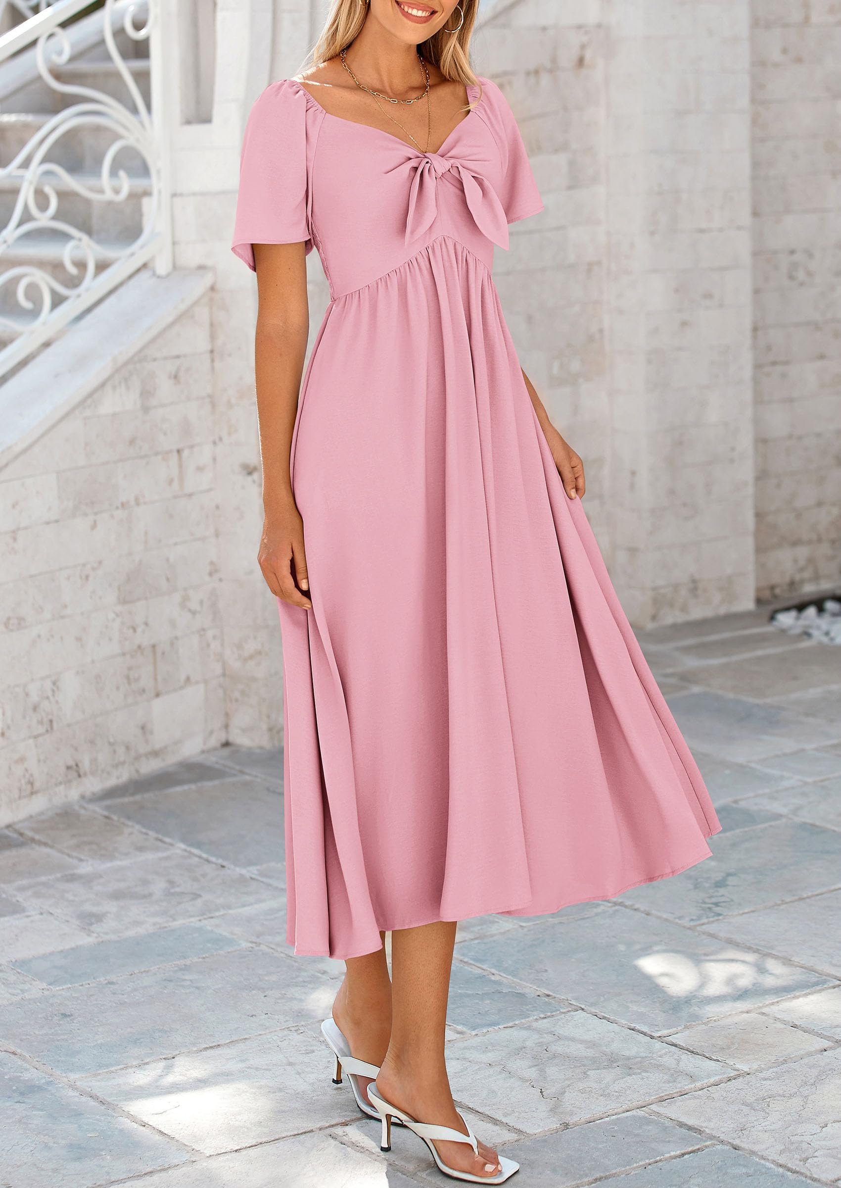 PRETTYGARDEN Summer Dress for Women Casual Short Sleeve Bow Tie V Neck Ruffle Midi Flowy Dresses