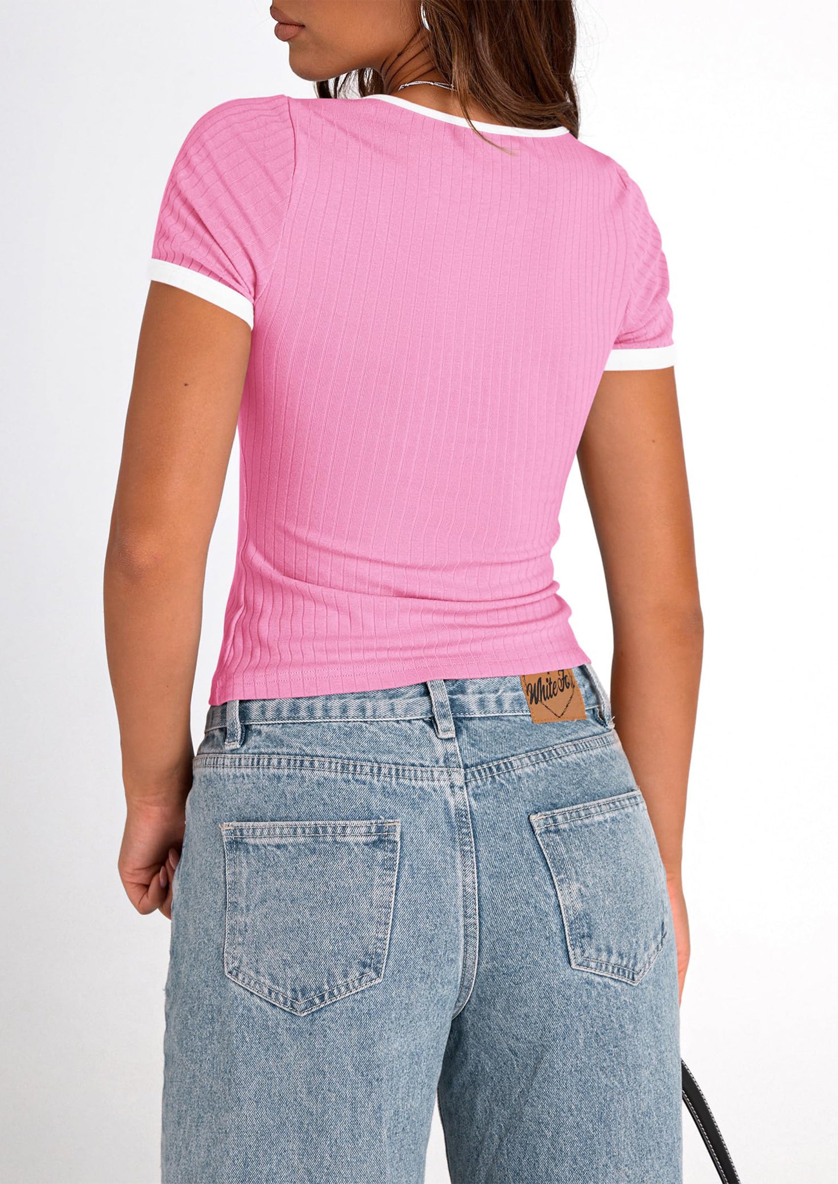 PRETTYGARDEN Women's Summer Short Sleeve T Shirts Ribbed Knit Square Neck Color Block Slim Fit Basic Casual Crop Tops Blouses