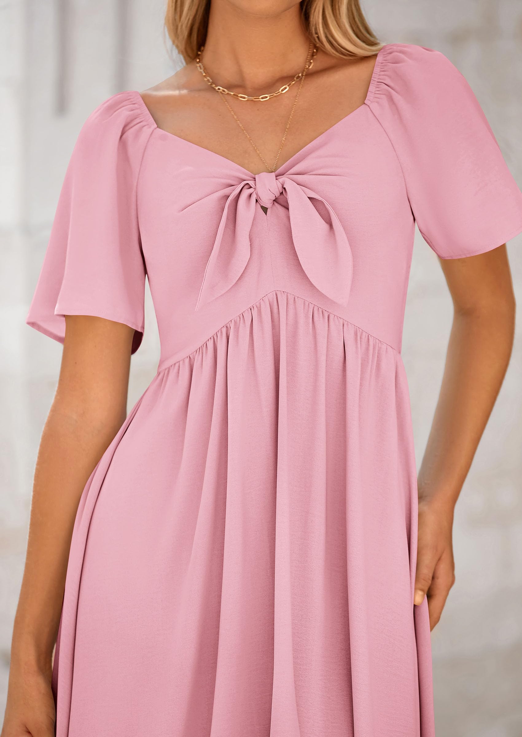 PRETTYGARDEN Summer Dress for Women Casual Short Sleeve Bow Tie V Neck Ruffle Midi Flowy Dresses