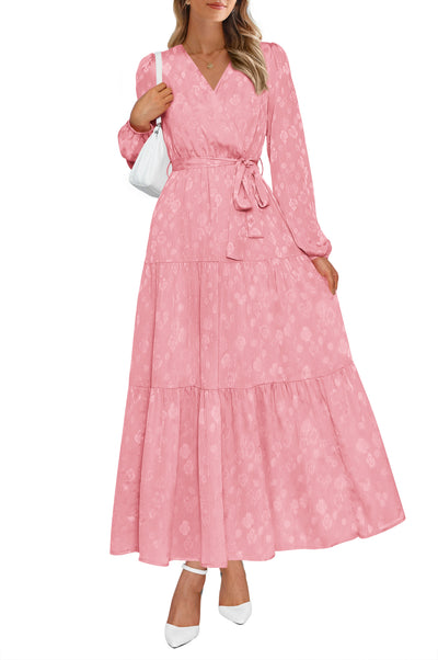 PRETTYGARDEN Womens Long Sleeve Boho Floral Wrap Maxi Dress  Fall Wedding Guest Dresses 2026, Chiffon Flowy Long Dresses, Casual Tie Waist V Neck Dress, Modest A Line Ruffle Tiered Dress